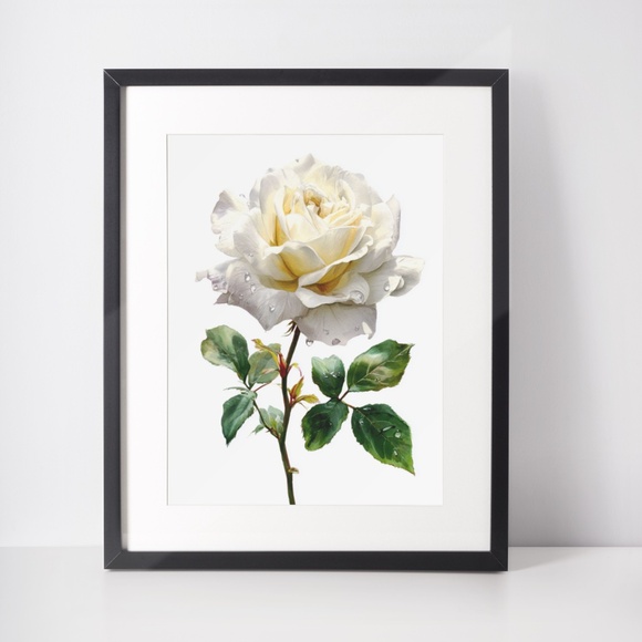 Watercolor Single White Rose Wall Art Print Poster, Unframed - Delicate Floral - Picture 3 of 6